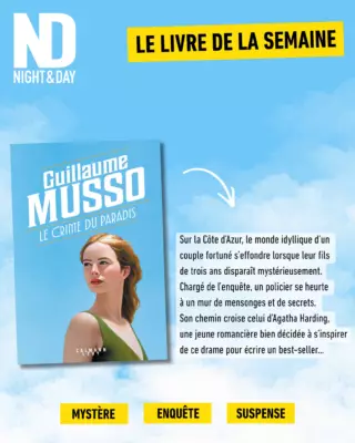 Cette semaine, on plonge dans les mystères de "Le Crime du paradis" de Guillaume Musso. 🌴

Une ambiance qui invite à s’évader, des personnages qui ne laissent pas indifférent et une histoire qui a déjà convaincu de nombreux lecteurs. 👀

Tu es fan de Guillaume Musso ? Tu as déjà lu celui-ci ? On attend ton avis en commentaire ! 👇

📍 À retrouver dans ton Night & Day préféré.
